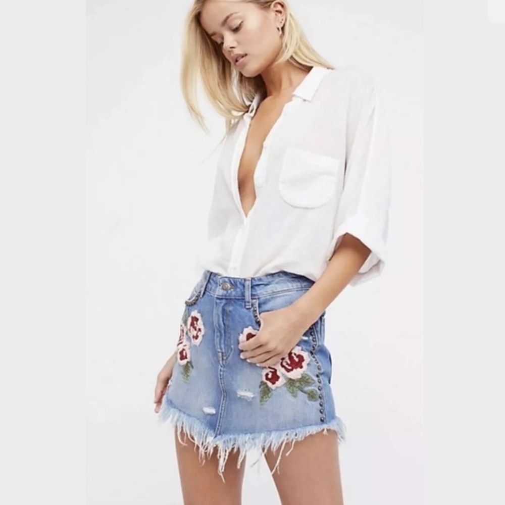Free People Wild Rose Embroidered Denim Mini Skirt - Picture 3 of 14